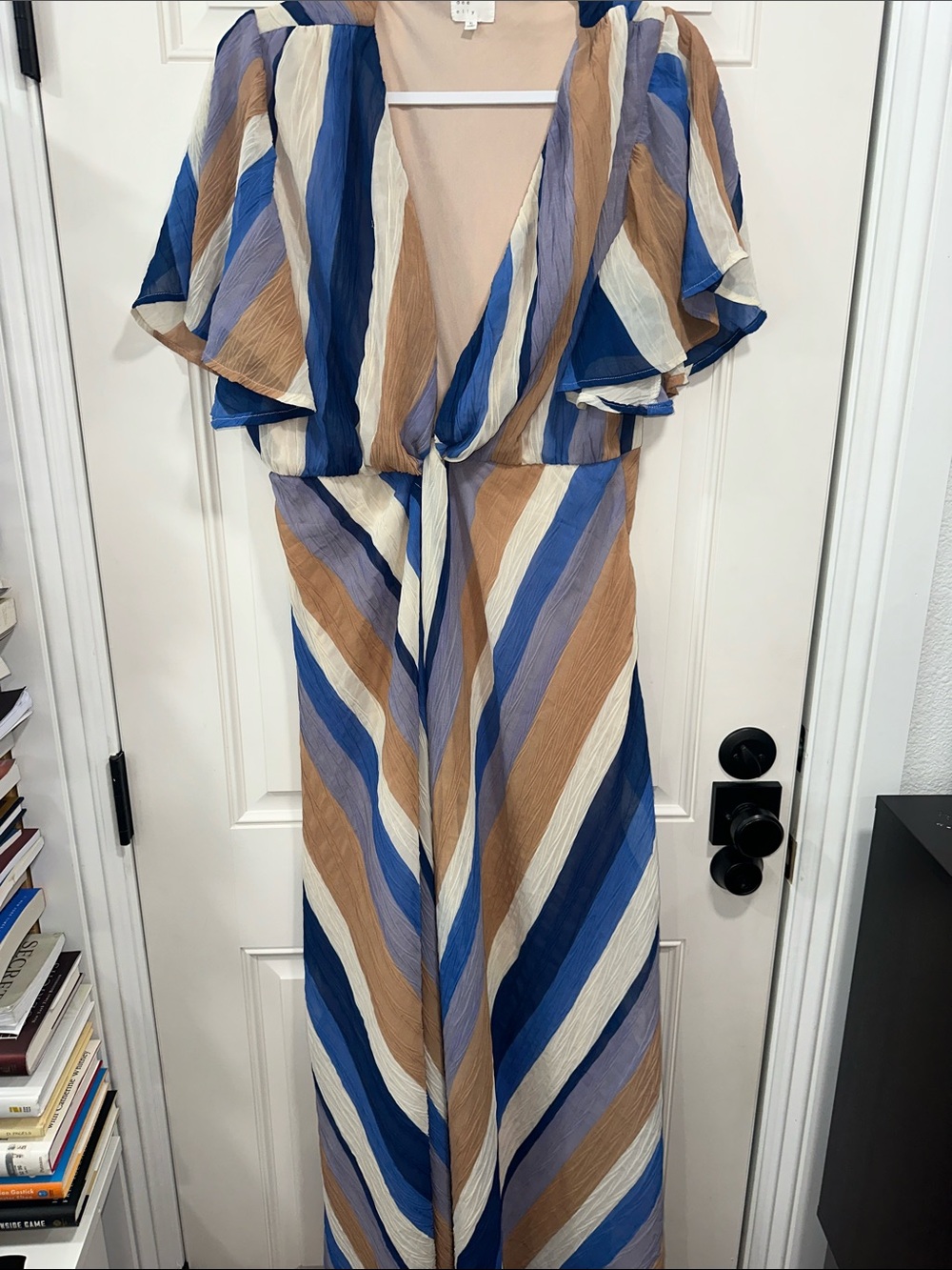 V-Neck Striped Maxi Dress in Blue, Tan & Cream